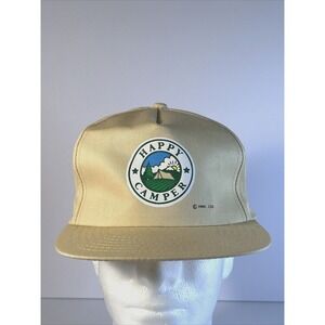 Vintage Happy Camper Hat Cap Snap Back Beige Graphic Camping Outdoors Sportsman